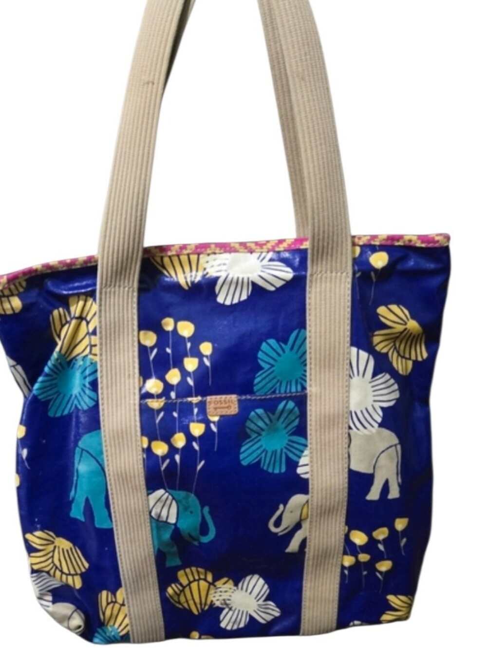 Fossil Key-Per Tote Bag Elephant Floral Print Canvas Beach Bag